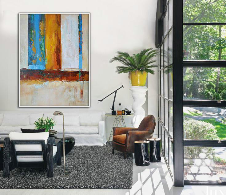 Big Art Canvas,Vertical Palette Knife Contemporary Art,Oversized Canvas Art,Blue,White,Yellow,Red.etc